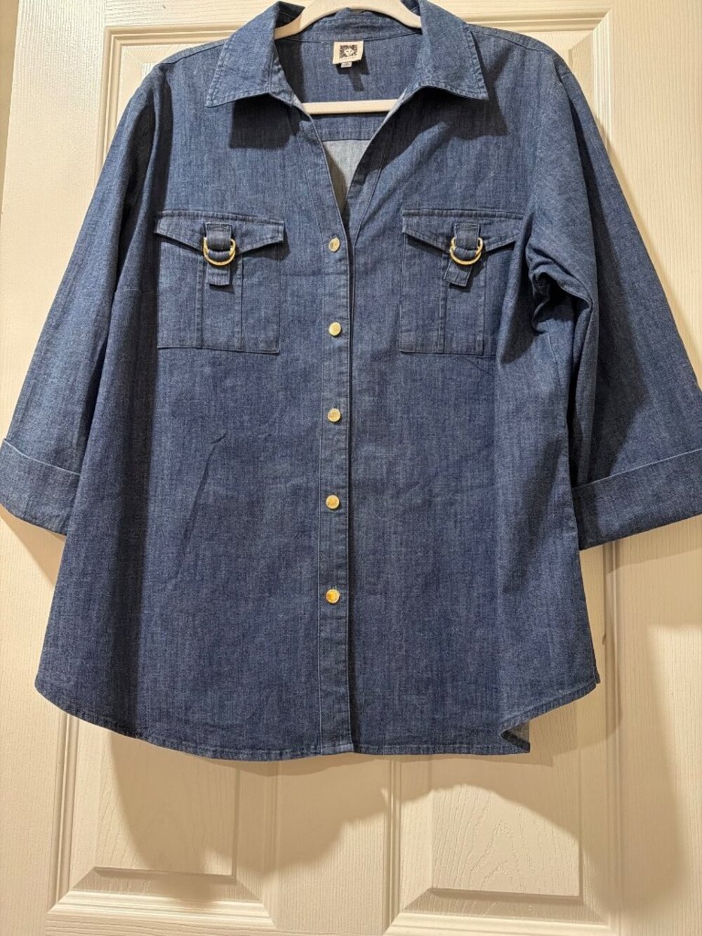 Anne Klein Womens Denim Button-Up Tunic Top With D-Ring Pockets 3/4 Sleeves 1X